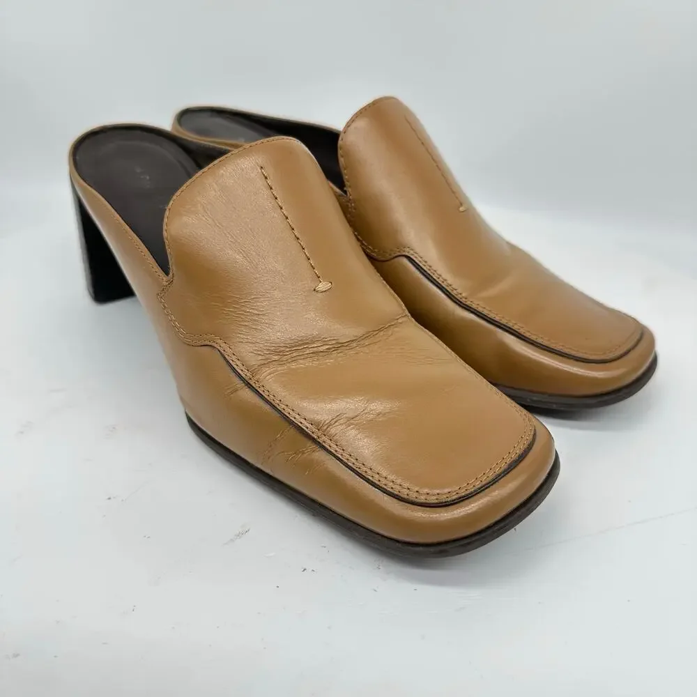 Apostrophe Cognac Block Heel Leather Square Toe Mule Womens Size 7 Y2K Vintage
